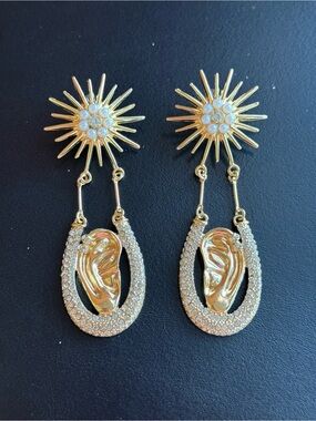 Schiaparelli Inspired Gold Sunburst Pavé Hoop Drop Earrings